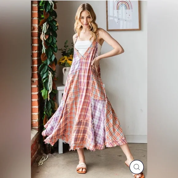 Oli & Hali Mixed Plaid Wide Leg Jumpsuit Large Raw Edge Cotton Boho - Picture 1 of 9